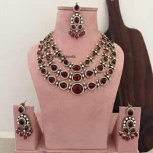 Heavy Victorian Ruby 3layer necklace set with maangtikka | Bridal | Wedding