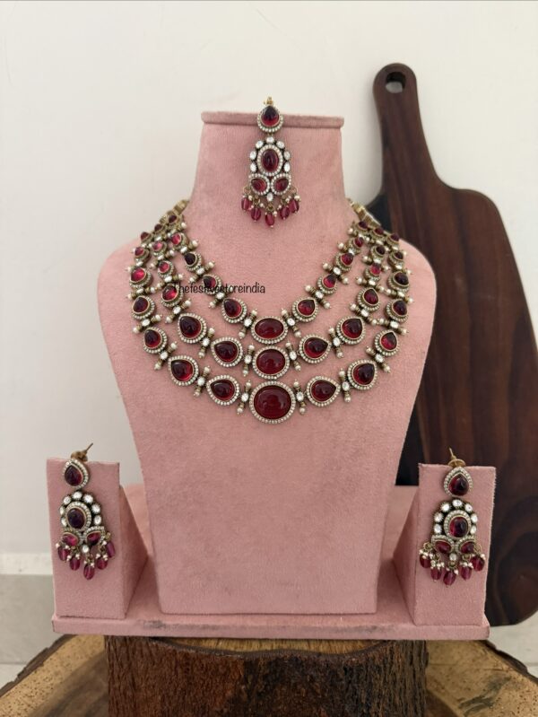 Heavy Victorian Ruby 3layer necklace set with maangtikka | Bridal | Wedding