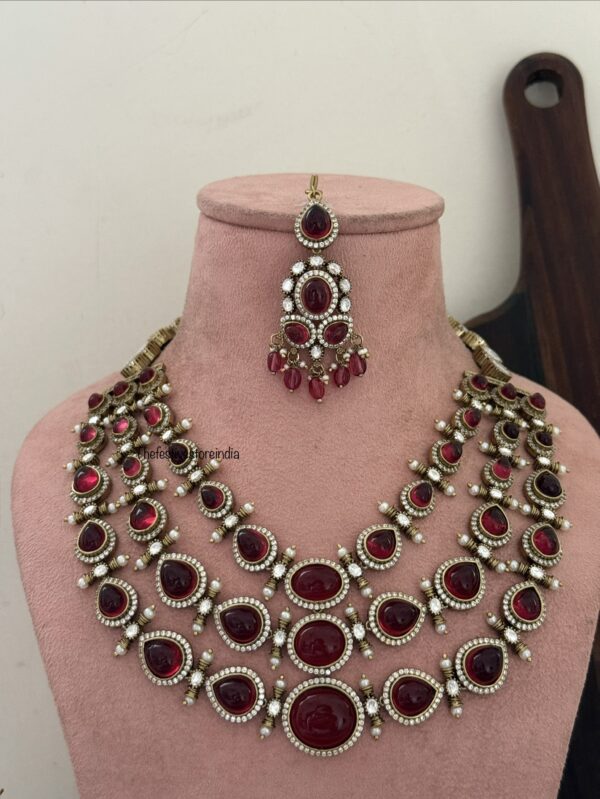 Heavy Victorian Ruby 3layer necklace set with maangtikka | Bridal | Wedding