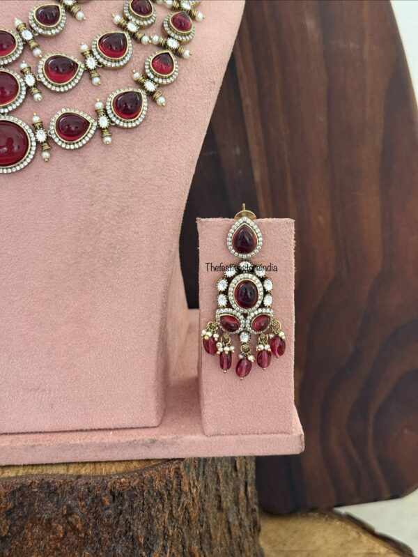 Heavy Victorian Ruby 3layer necklace set with maangtikka | Bridal | Wedding