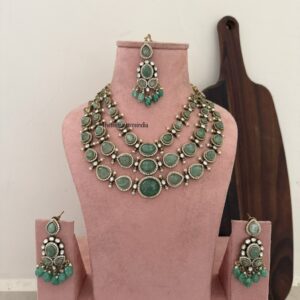 Heavy Victorian mint stones 3layer necklace set with maangtikka | Bridal | Wedding