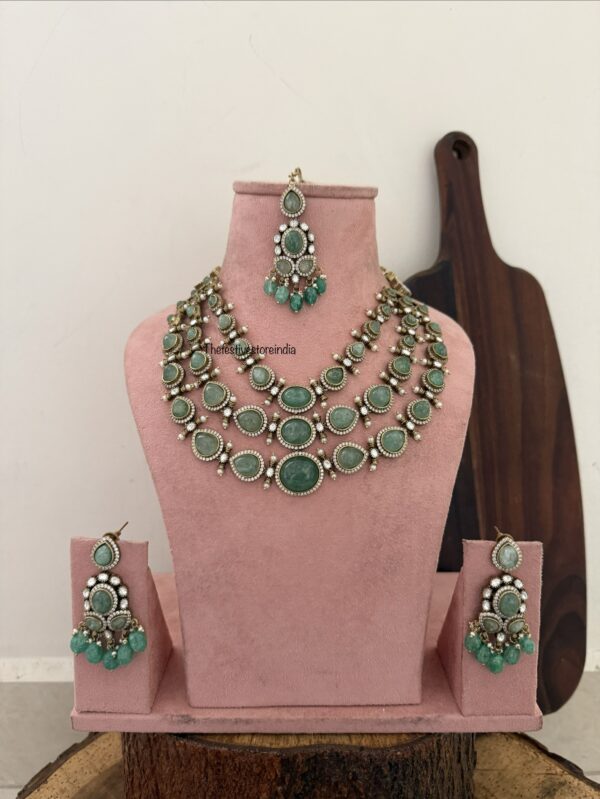 Heavy Victorian mint stones 3layer necklace set with maangtikka | Bridal | Wedding
