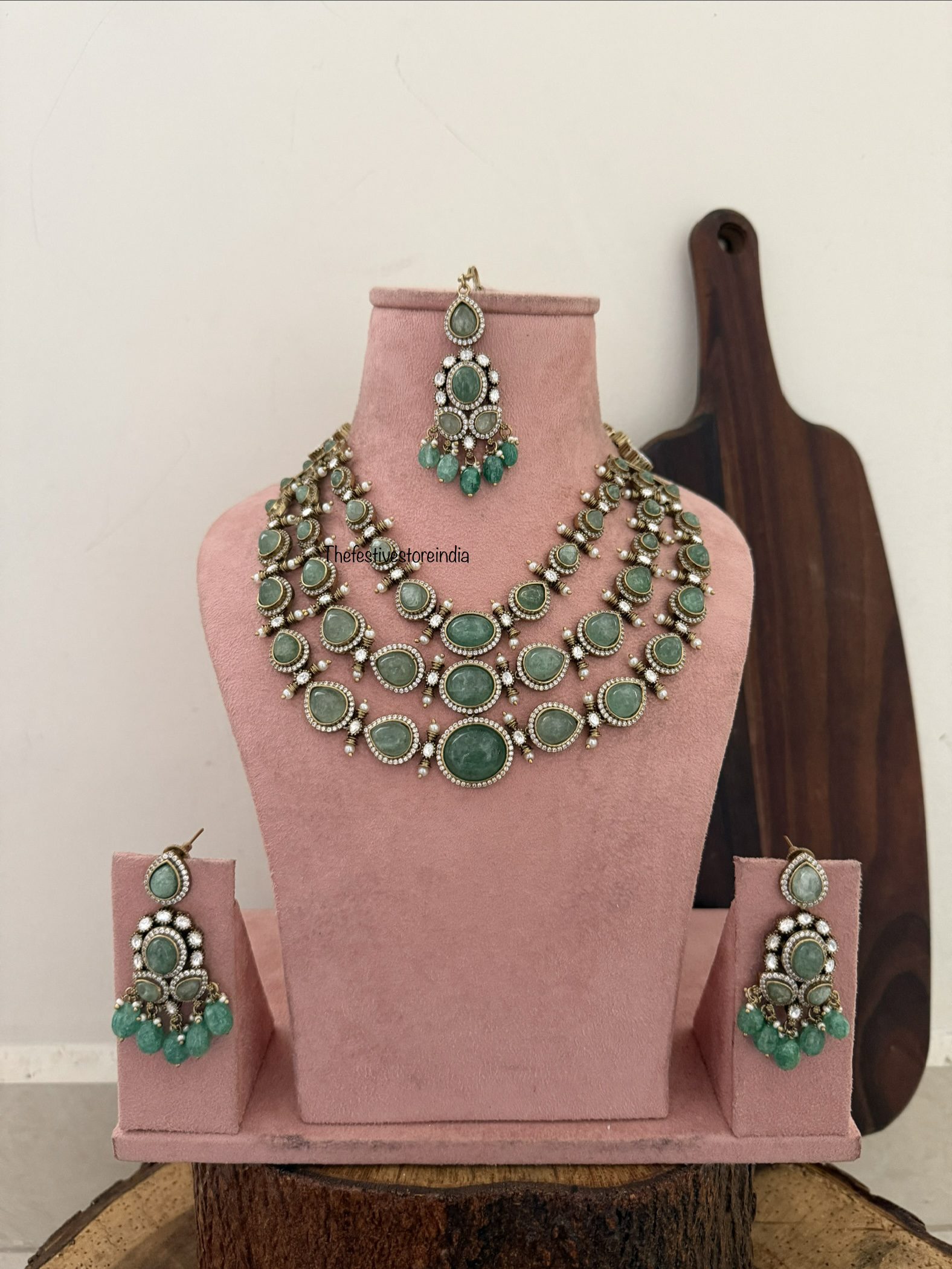 Heavy Victorian mint stones 3layer necklace set with maangtikka | Bridal | Wedding