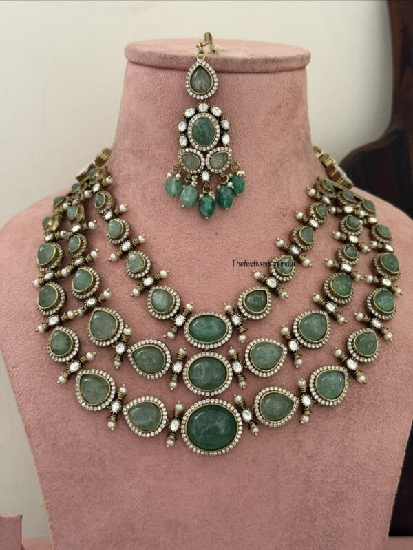 Heavy Victorian mint stones 3layer necklace set with maangtikka | Bridal | Wedding