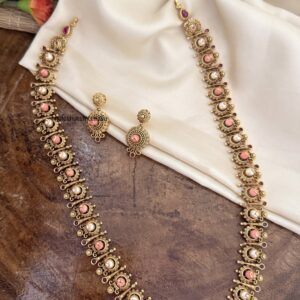 48cms pink and white pearls bottu haaram set | Haara | Guest look