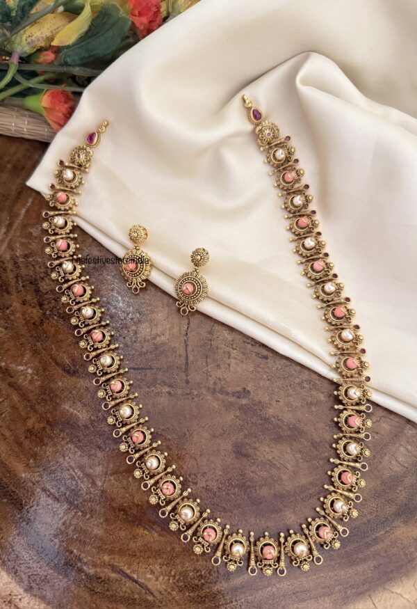 48cms pink and white pearls bottu haaram set | Haara | Guest look