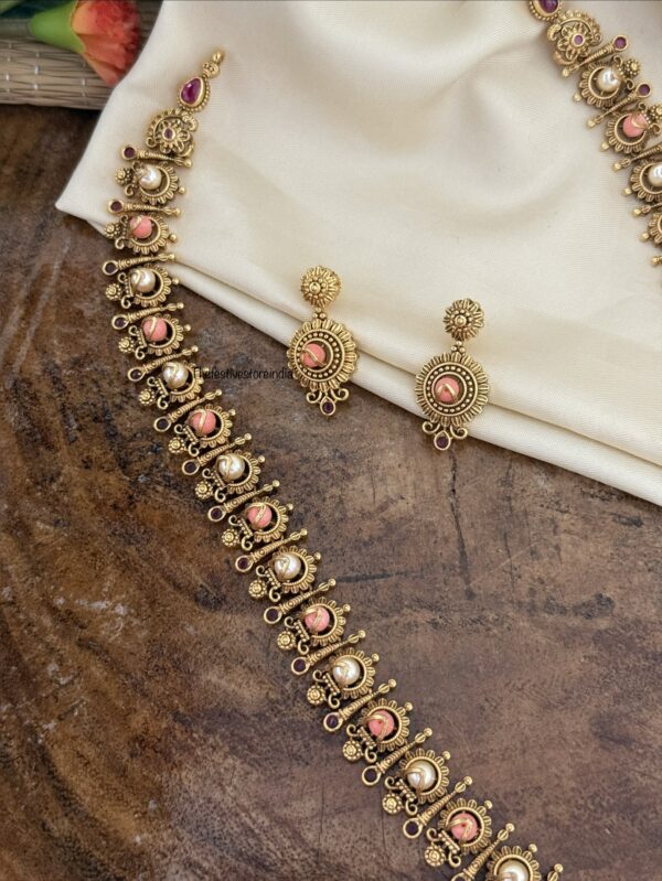 48cms pink and white pearls bottu haaram set | Haara | Guest look