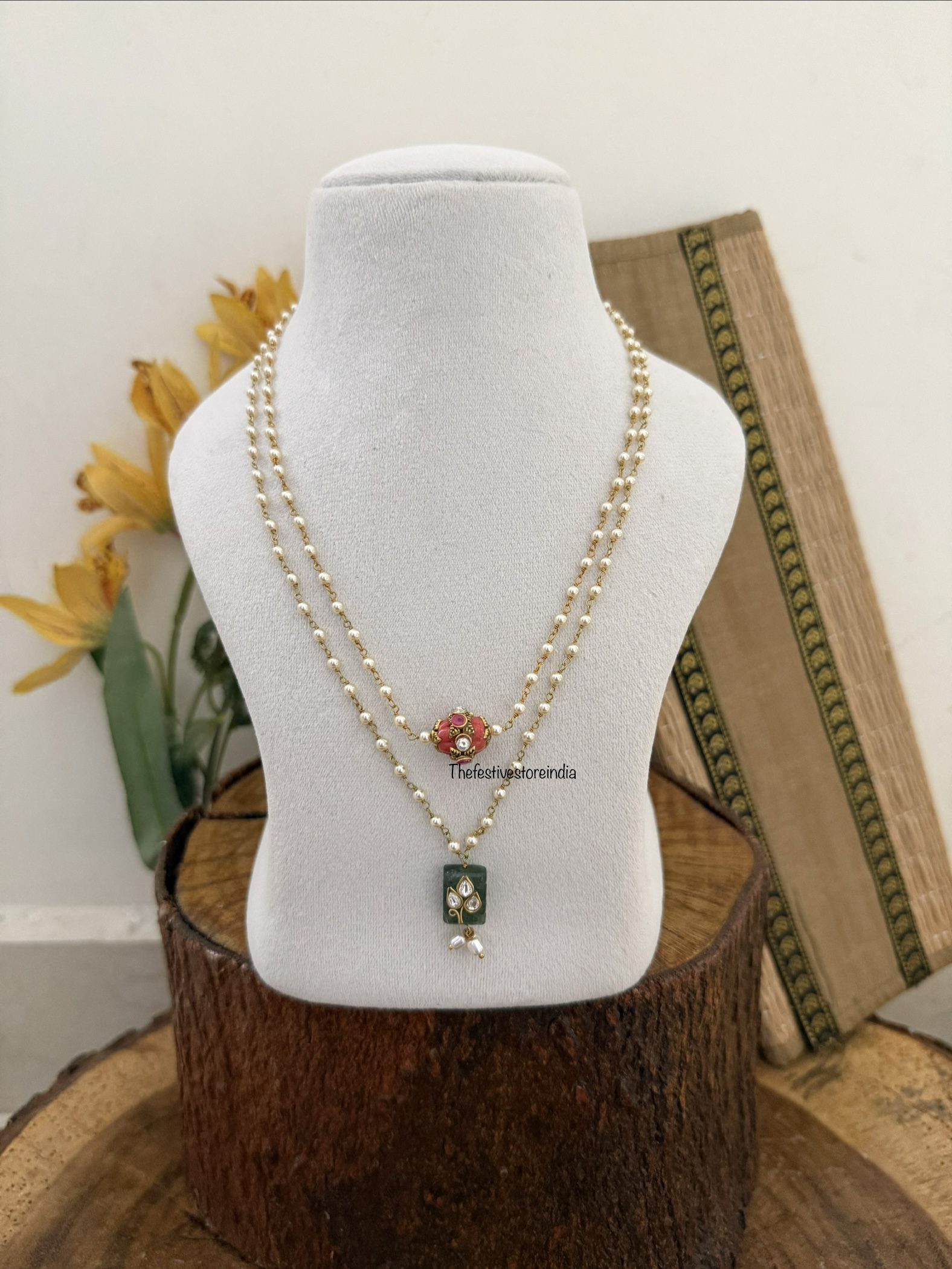 Minimalist coral 2 layer pearls chain | 42cms