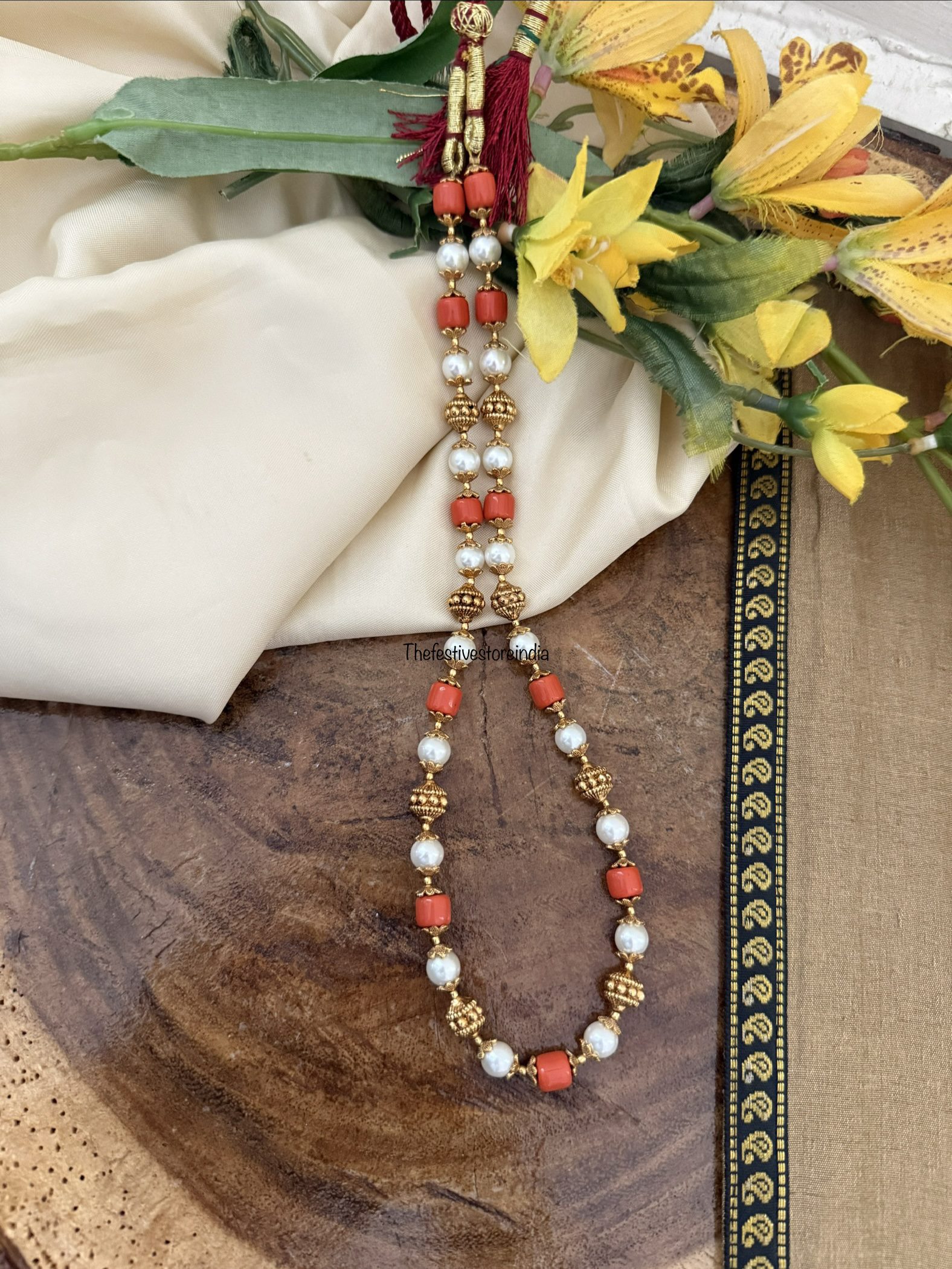 45cms coral and white pearls chain | Simple | Minimal
