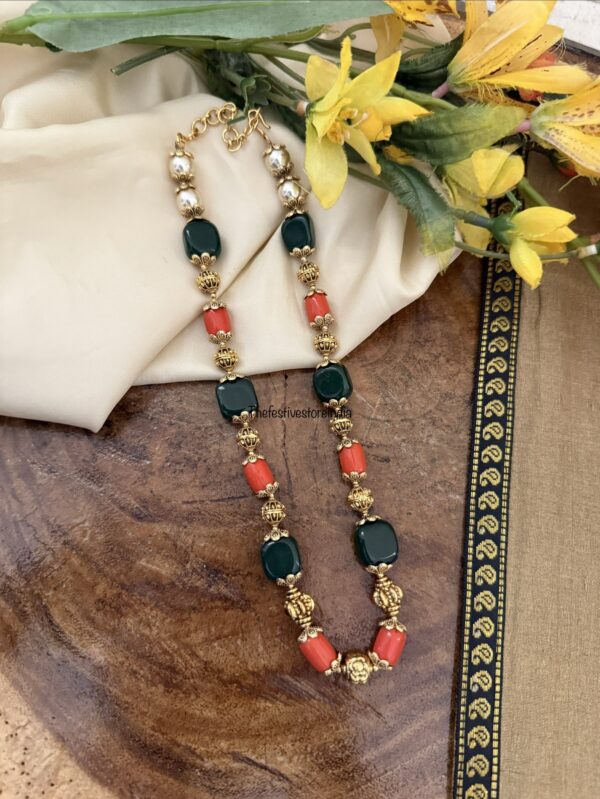Simple green beads and coral chain | 40cms