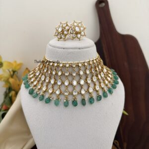 Jadau close knit Moissanite stone green drops necklace set