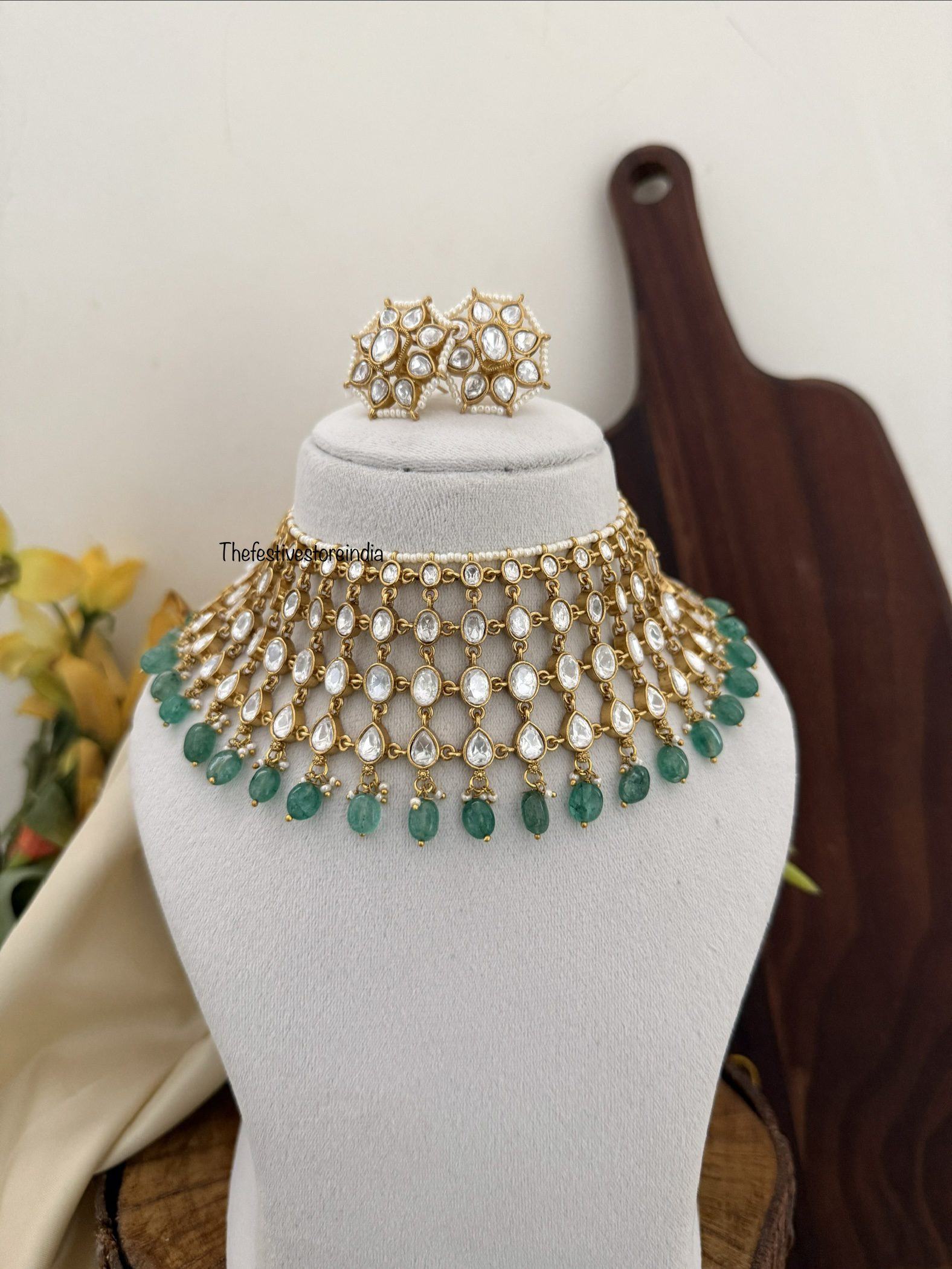 Jadau close knit Moissanite stone green drops necklace set