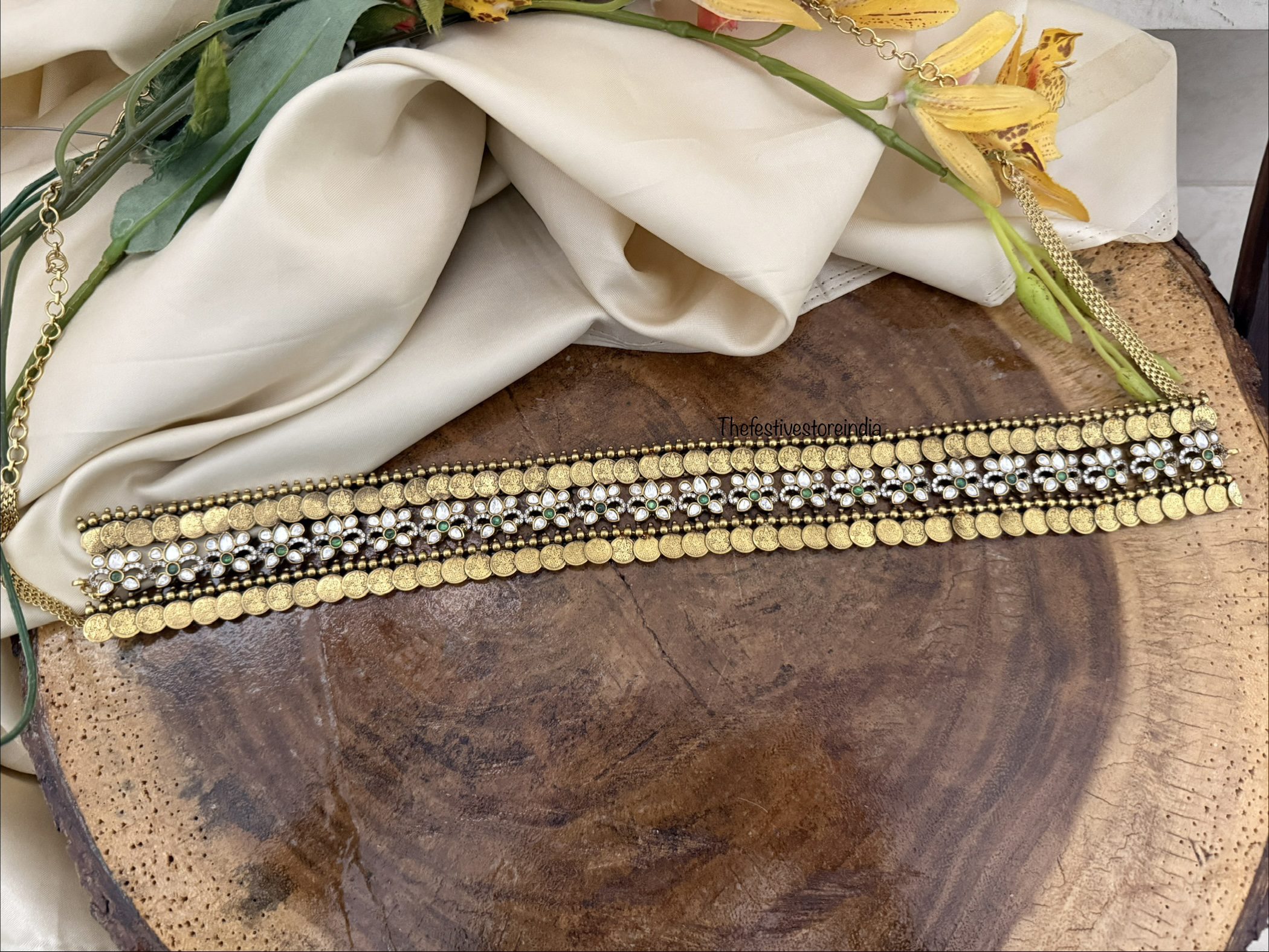 Jadau Premium lakshmi kaasu Moissanite stone bridal hip chain | 108cms