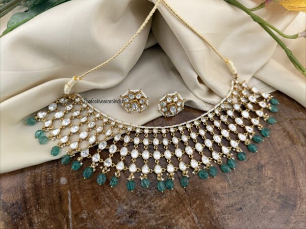 Jadau close knit Moissanite stone green drops necklace set