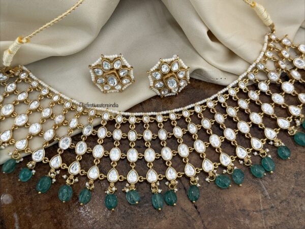 Jadau close knit Moissanite stone green drops necklace set