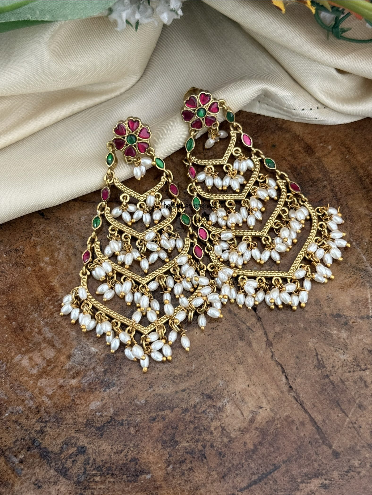 Jadau rice pearls baali earrings - Multi color