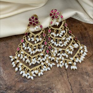 Jadau rice pearls baali earrings - Red