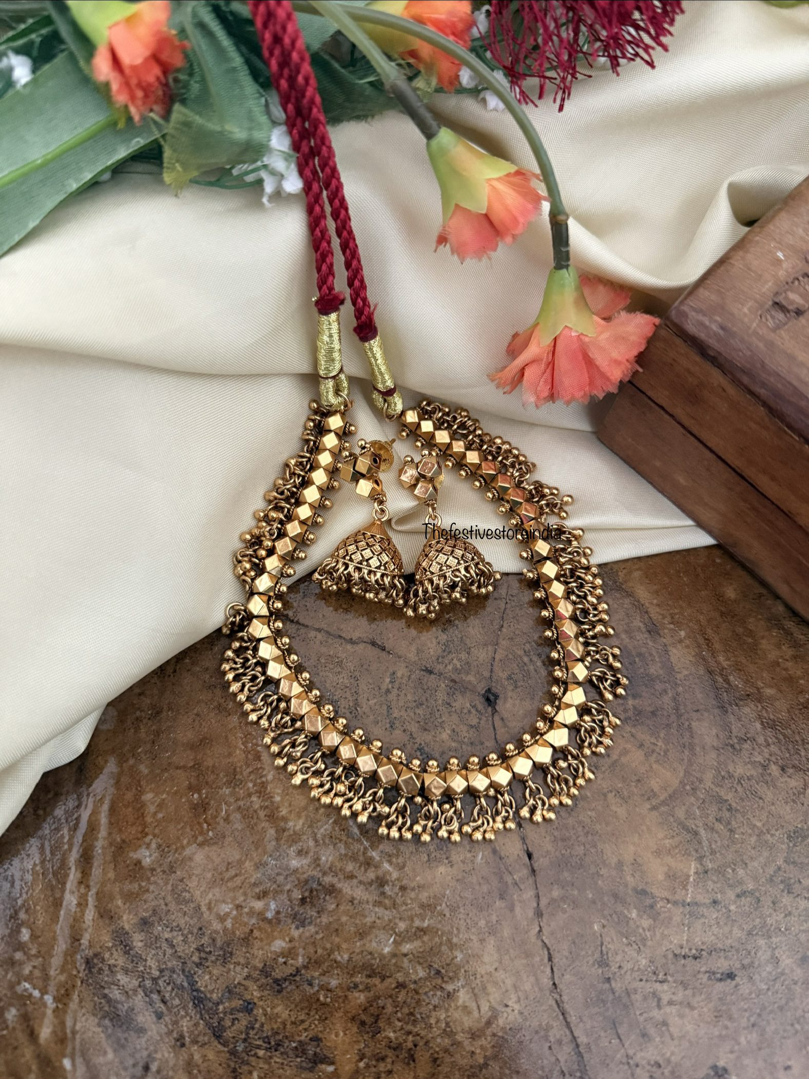 Unique Gold drops necklace with jhumkas - Maharashtrian style