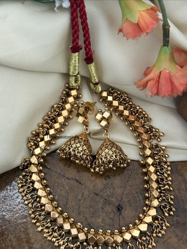 Unique Gold drops necklace with jhumkas - Maharashtrian style