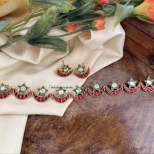 Jadau Chaand Sitaara choker necklace set - Red Green