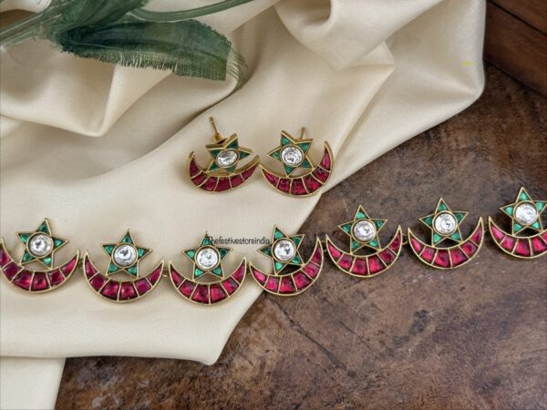 Jadau Chaand Sitaara choker necklace set - Red Green