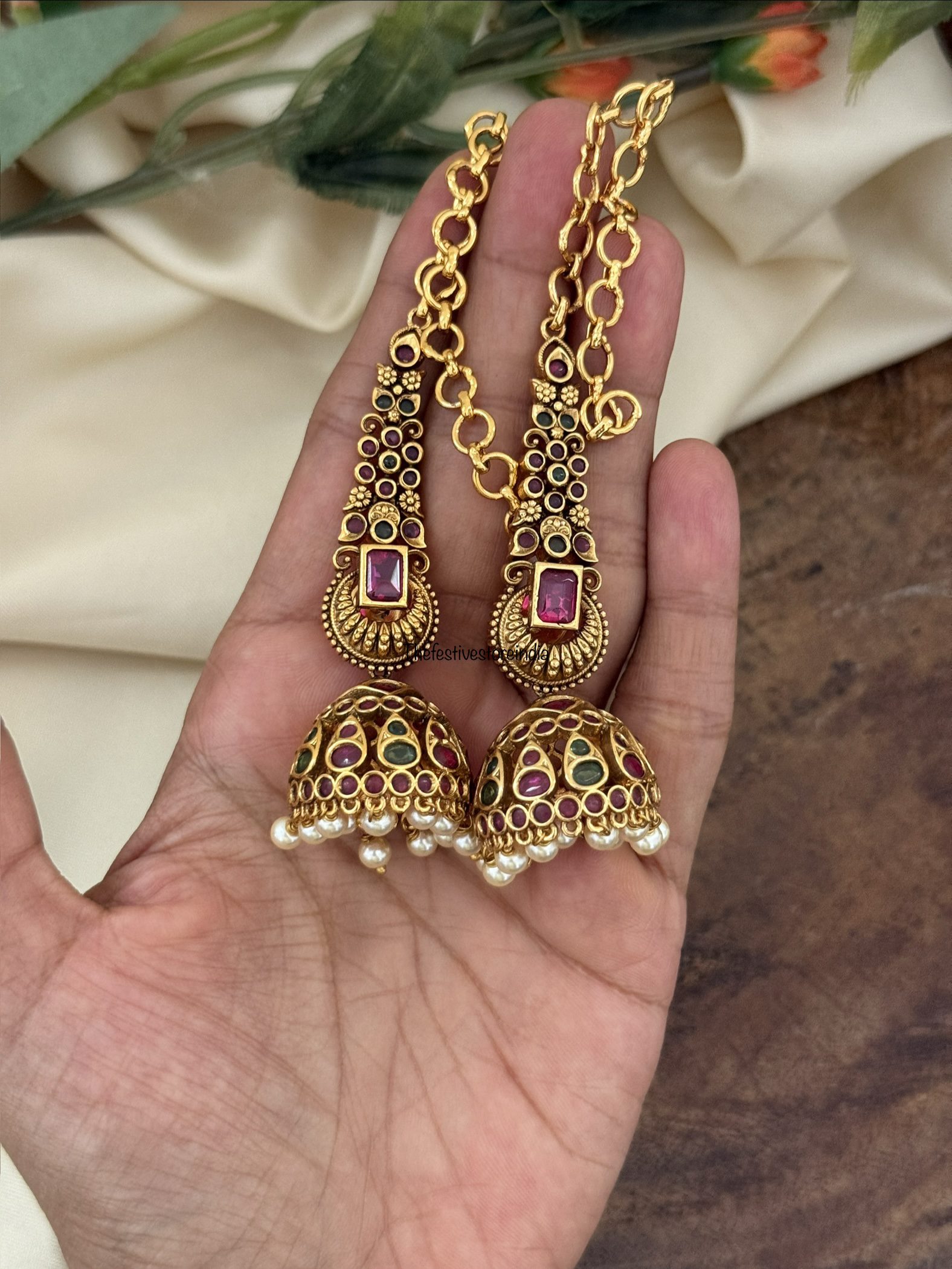 Kemp antique polish jhumka with overall maati | Bridal