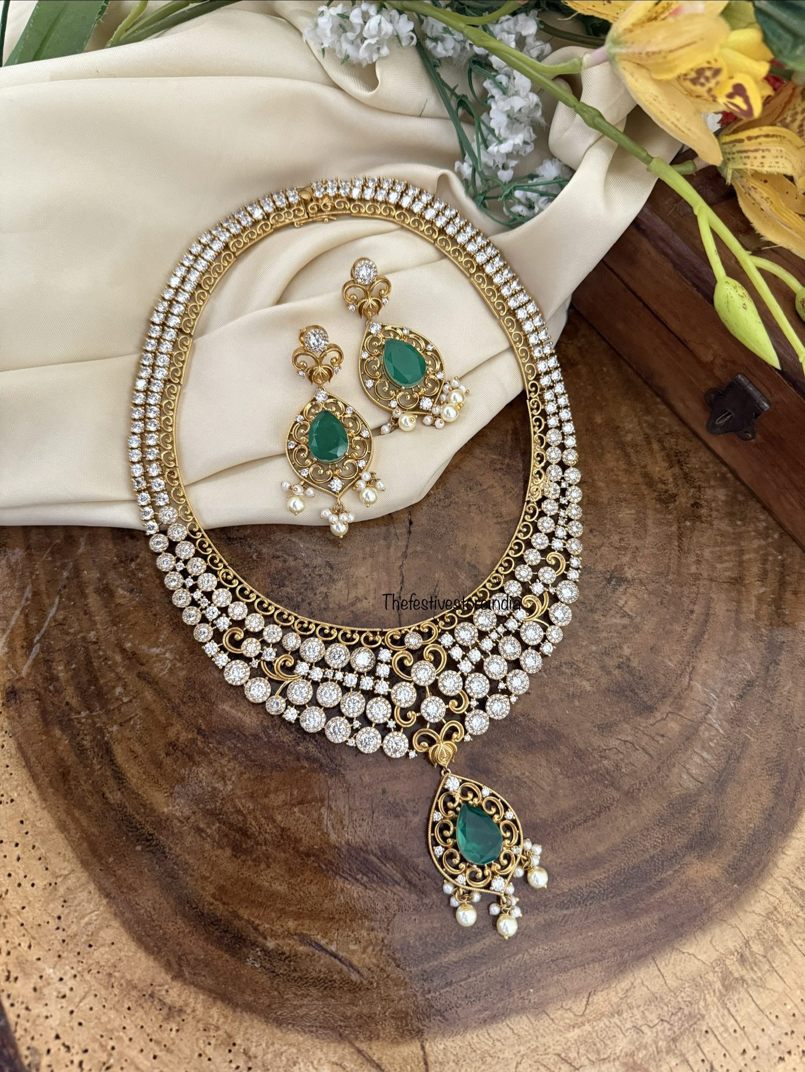 Bridal Unique AD emerald drop necklace set | 39cms in circumference