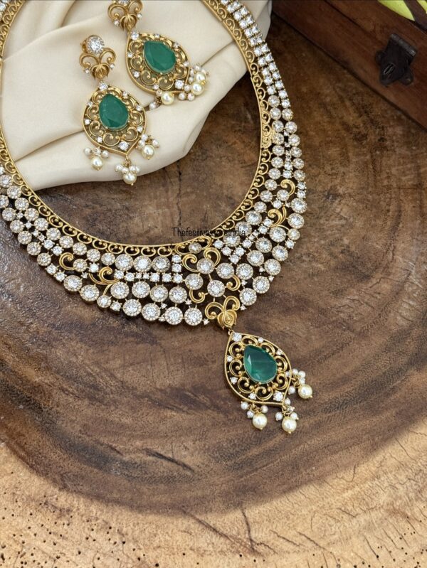 Bridal Unique AD emerald drop necklace set | 39cms in circumference