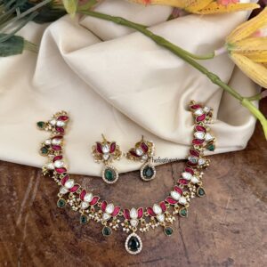 Jadau Lotus red and green stones choker necklace set