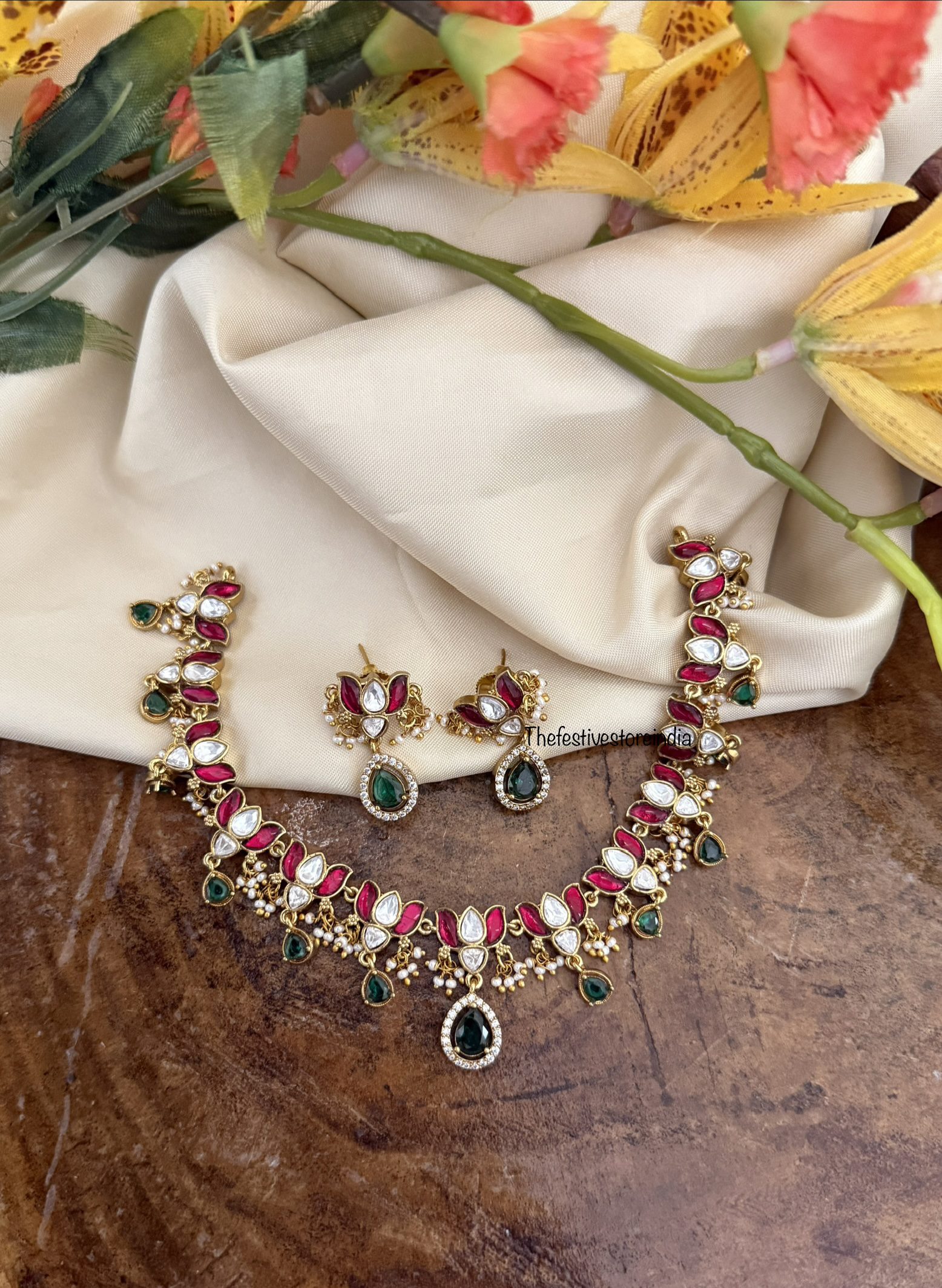 Jadau Lotus red and green stones choker necklace set
