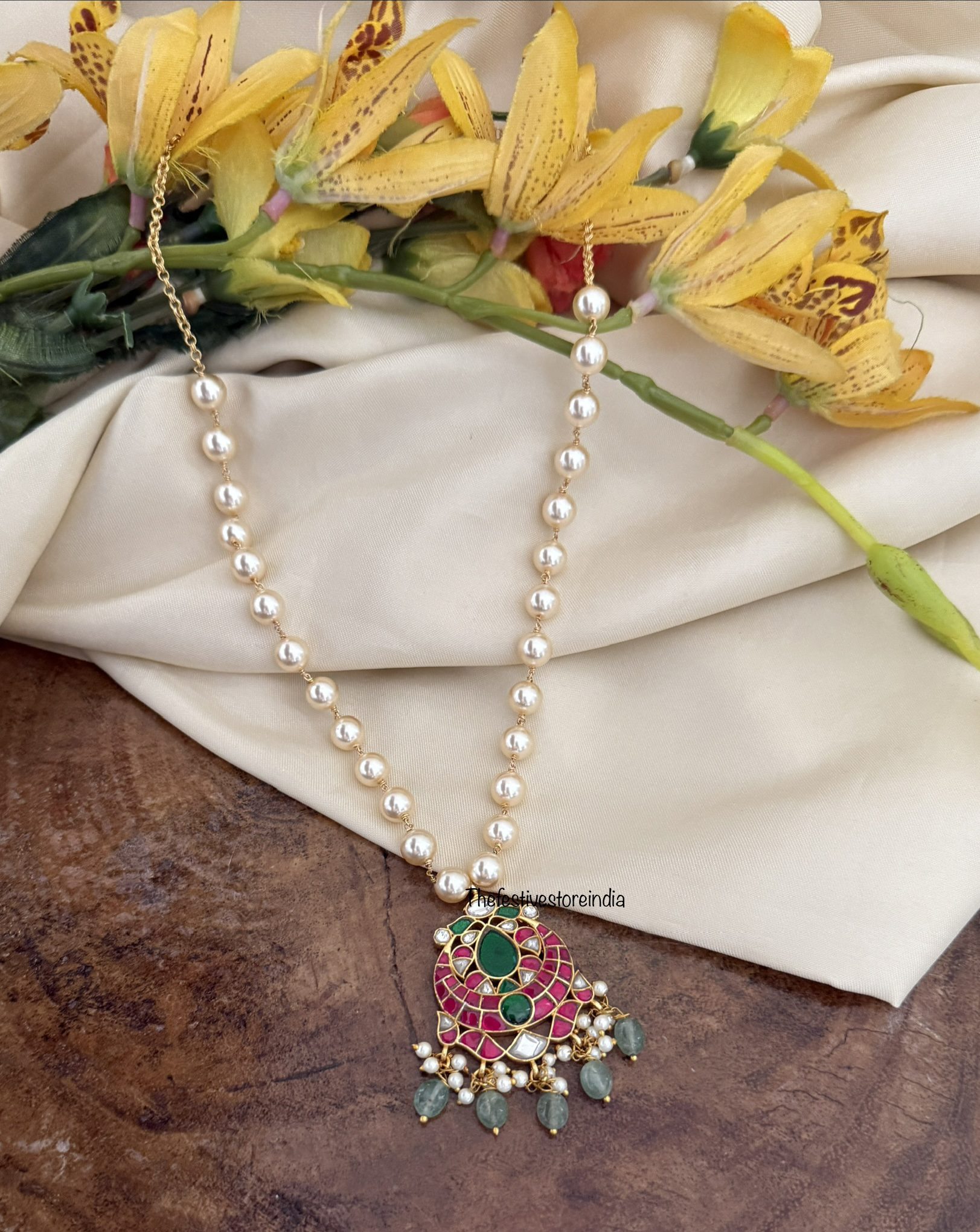 Jadau pearls chain with pendant | 44cms