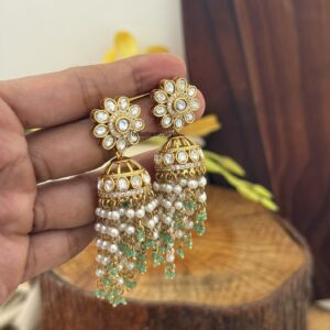 Floral jhumka with green asymmetric drop beads
