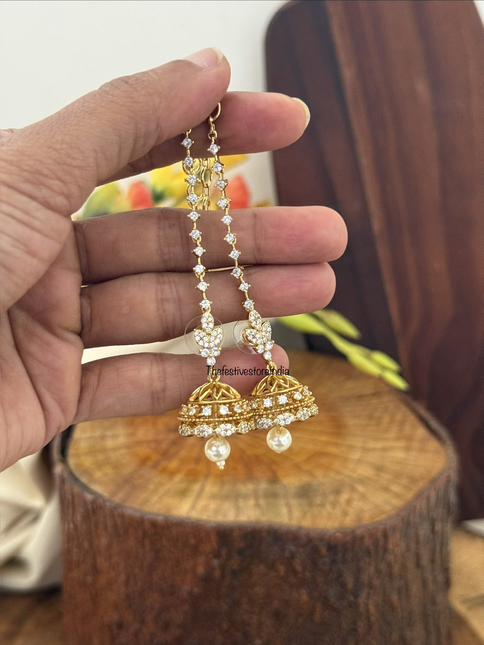 Diamonds jhumki with attached over the ear maati | Jhumka