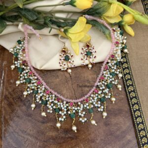 Unique Jadau Pink Kemp and Green beads necklace set