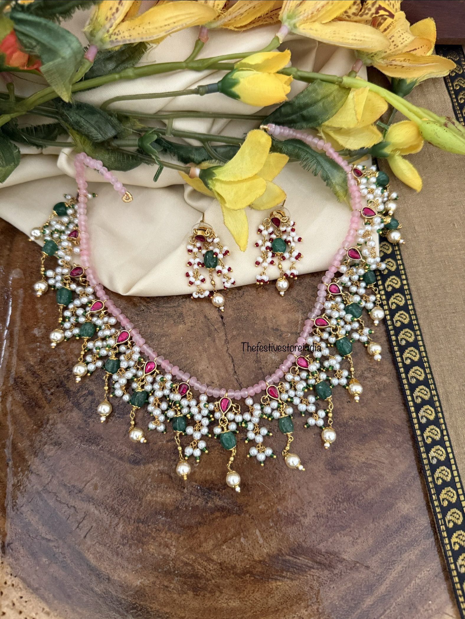 Unique Jadau Pink Kemp and Green beads necklace set