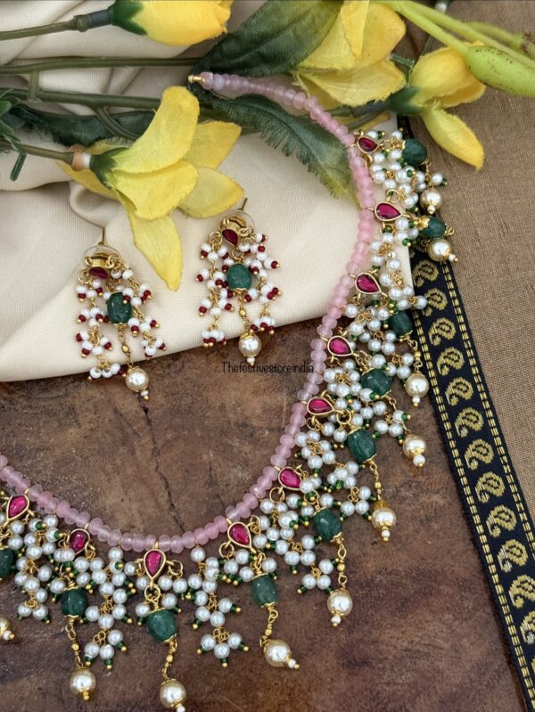 Unique Jadau Pink Kemp and Green beads necklace set