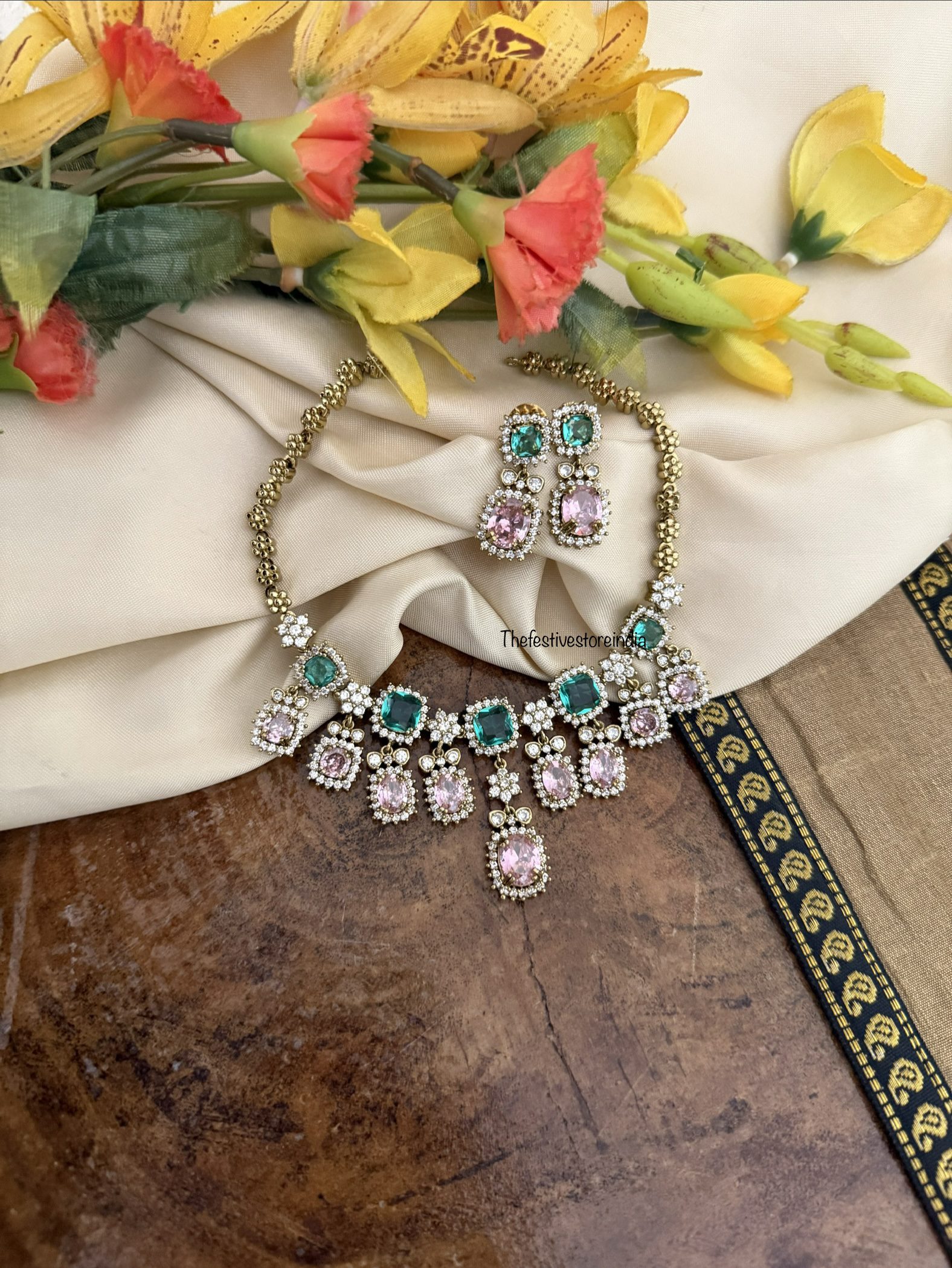 Teal and pink drops AD necklace set