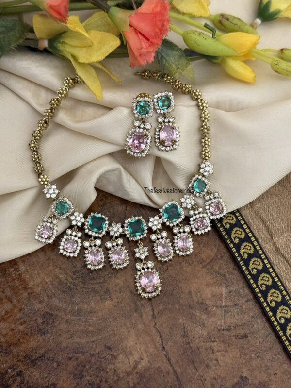 Teal and pink drops AD necklace set