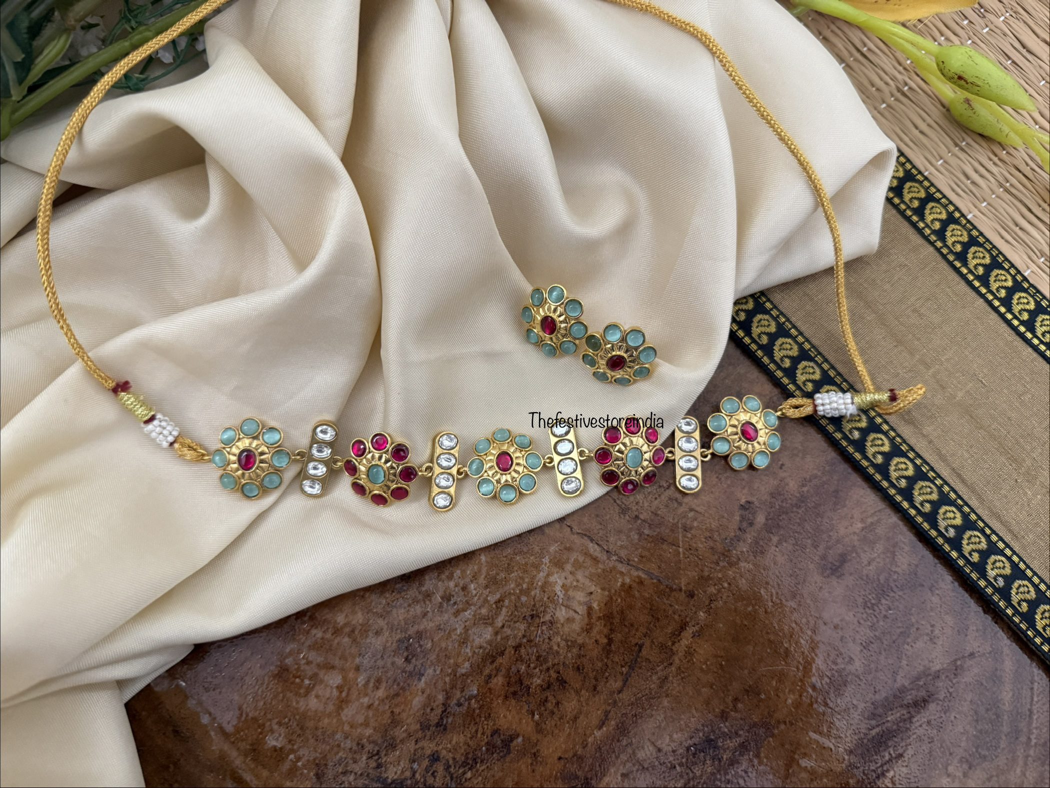 Jadau Blue and Kemp (Red) stone choker set