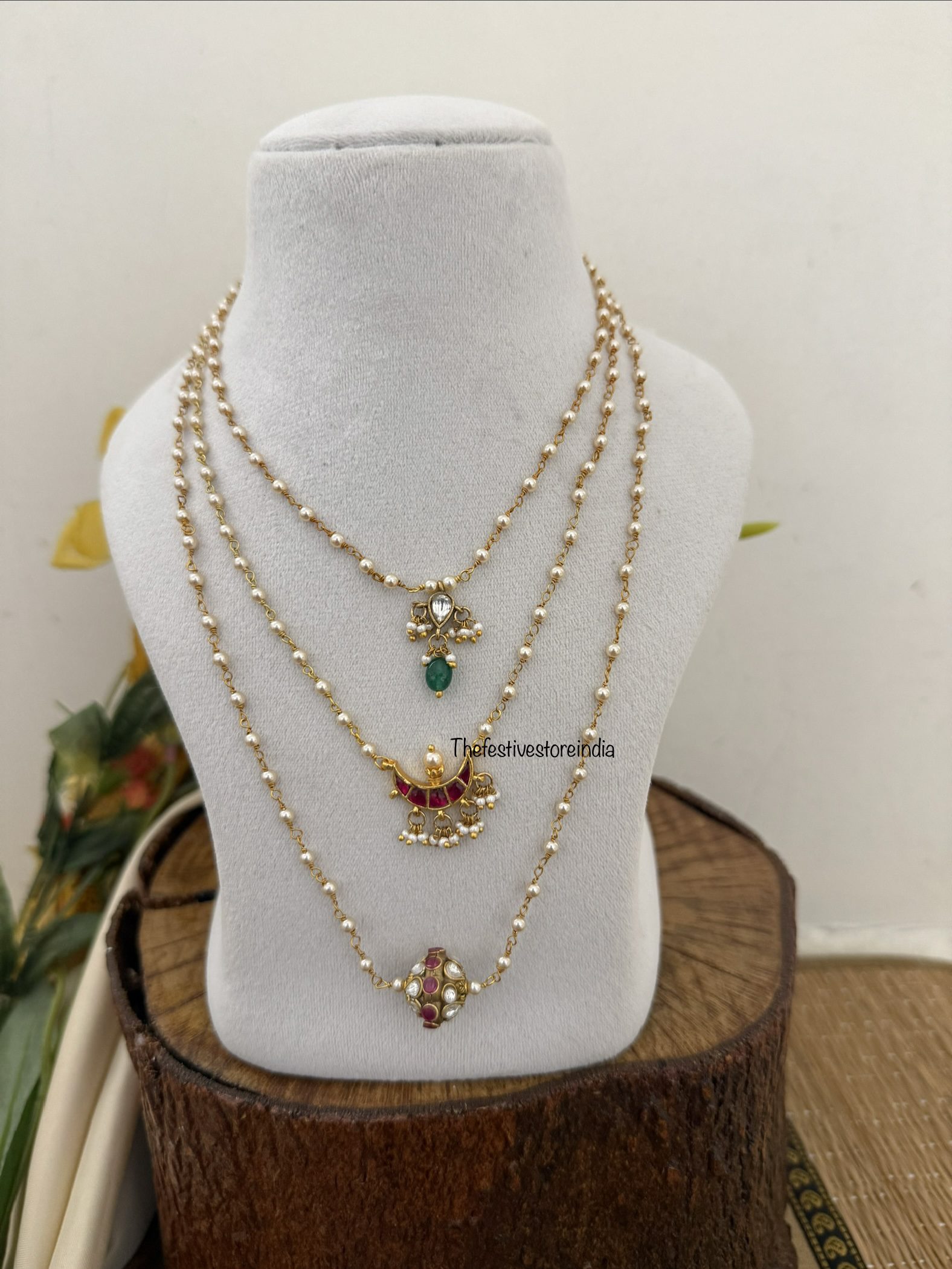 3 layer pearl jadau 46cms necklace