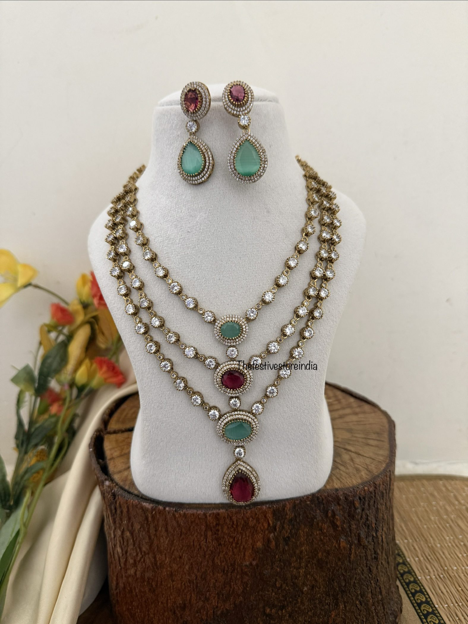 3 layer Mint and Ruby Victorian necklace set