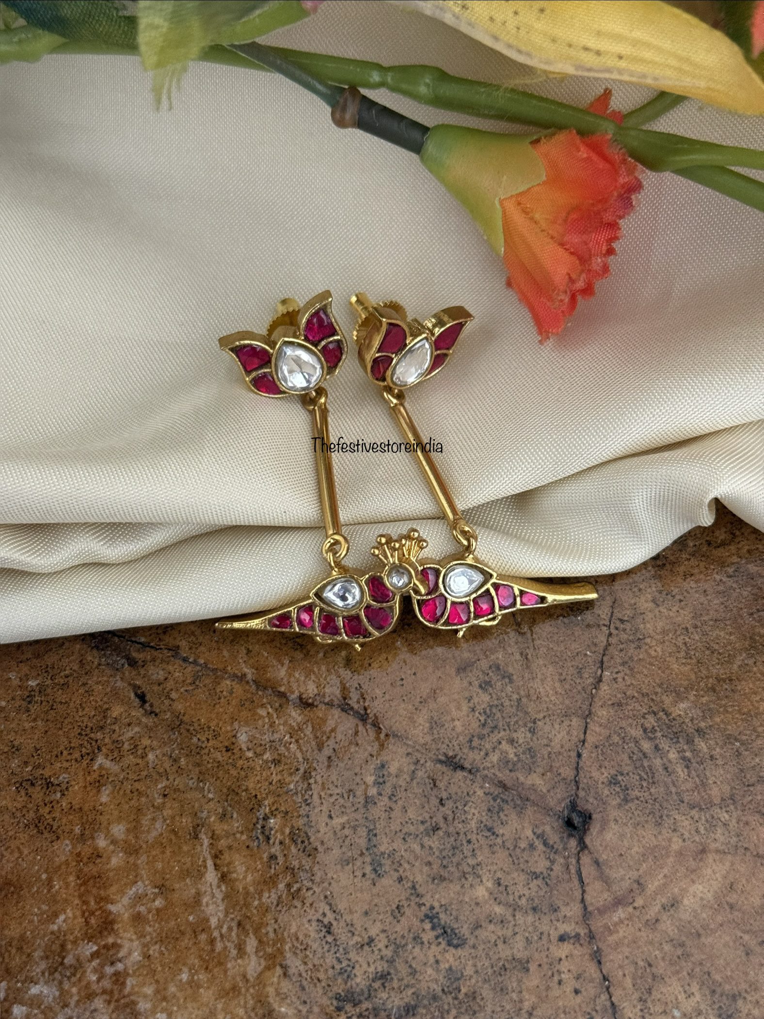 5cms Lotus parrot jadau earrings